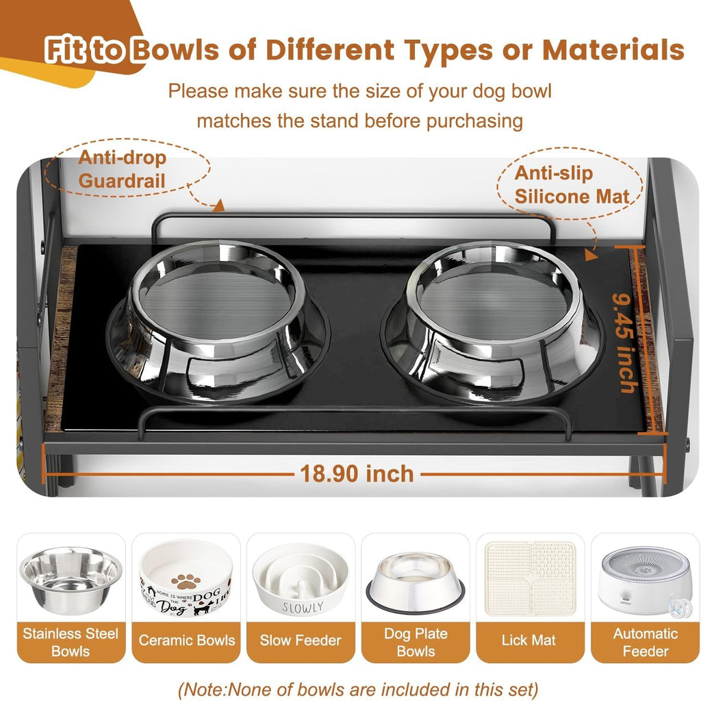 Elevated Dog Bowl Stand with Toy Bin Adjustable Raised Feeding Station Organizer