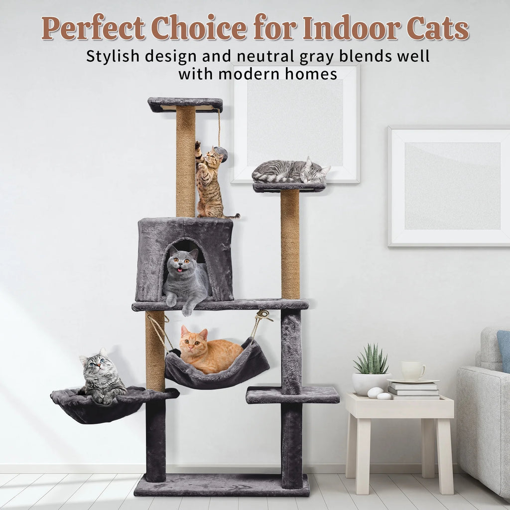52In Cat Tree Multilevel Cat Tower with Condo and Hommock for Indoor,Gray