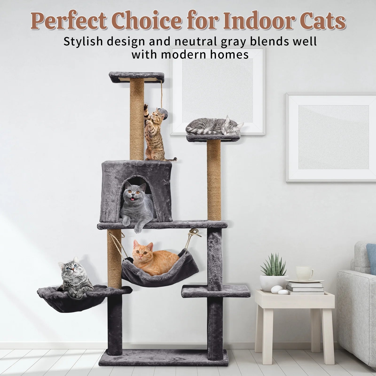 52In Cat Tree Multilevel Cat Tower with Condo and Hommock for Indoor,Gray