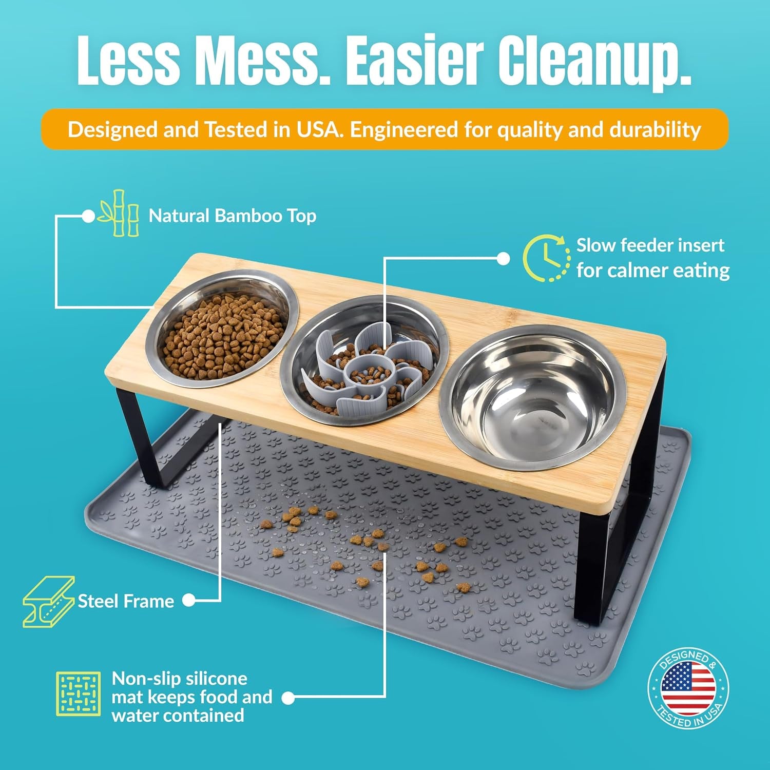Elevated Cat Food Bowls, 3 Bowl Elevated Cat Feeding Station with Mat | Raised Cat Food Bowls anti Vomiting,15° Tilted Cat Food Bowls & Elevated Slow Feeder Cat Bowls for Healthier Meals