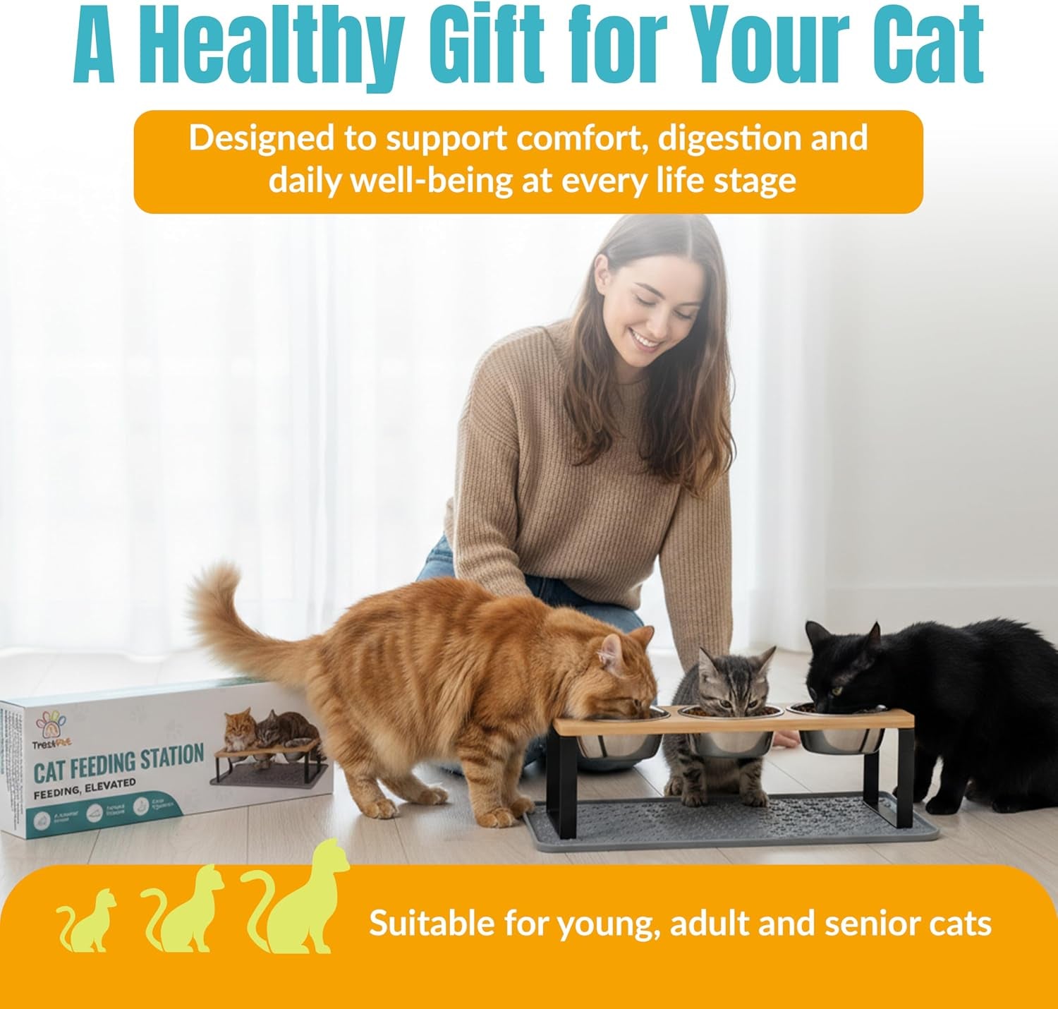 Elevated Cat Food Bowls, 3 Bowl Elevated Cat Feeding Station with Mat | Raised Cat Food Bowls anti Vomiting,15° Tilted Cat Food Bowls & Elevated Slow Feeder Cat Bowls for Healthier Meals
