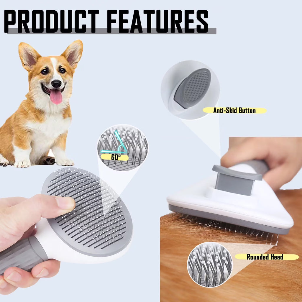 Dog Cat Pet Grooming Brush, Self Cleaning Shedding Brush, Grooming Tool for Long Haired or Short Haired Cats Dogs - Gray