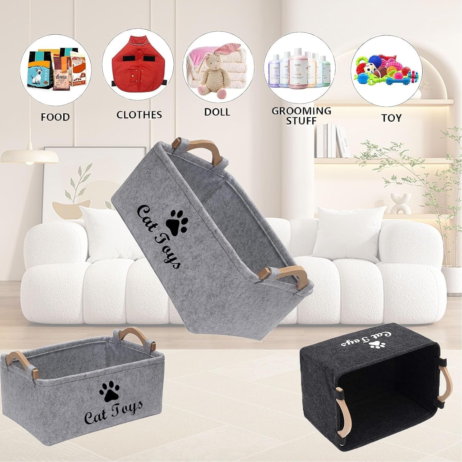 Felt Pet Toy Box Collapsible Pet Supplies Storage Basket Cat Toy Box Storage Basket Chest Organizer，Fabric Storage Bin for Organizing Pet Toys, Blankets, Leashes, and Food Grey Pet Toy Box
