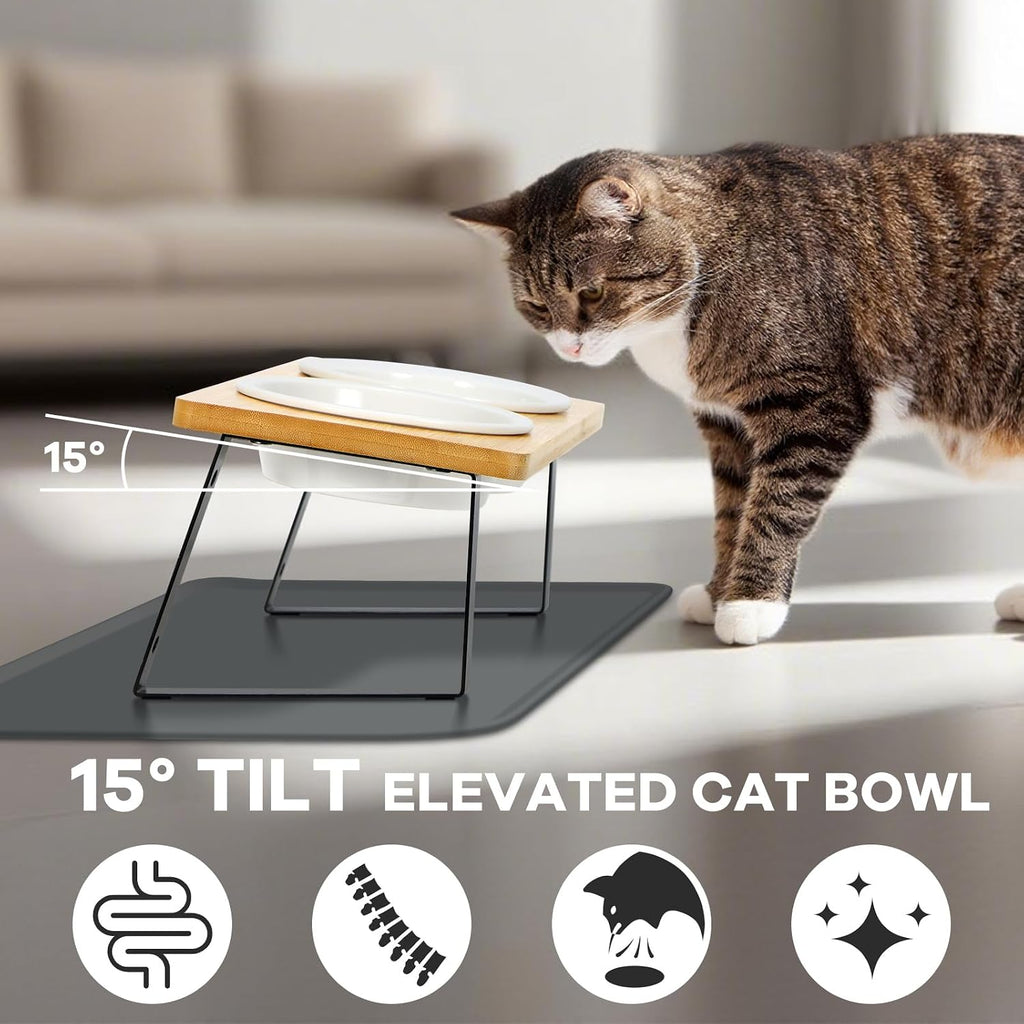 Upgraded Adjustable Height Cat Food Bowls Stand Ceramic Dog Bowls and Slow Feeder Cat Bowl, 15°Tilted Stand anti Vomiting Raised for Small and Medium Sized Cats Dogs (White)