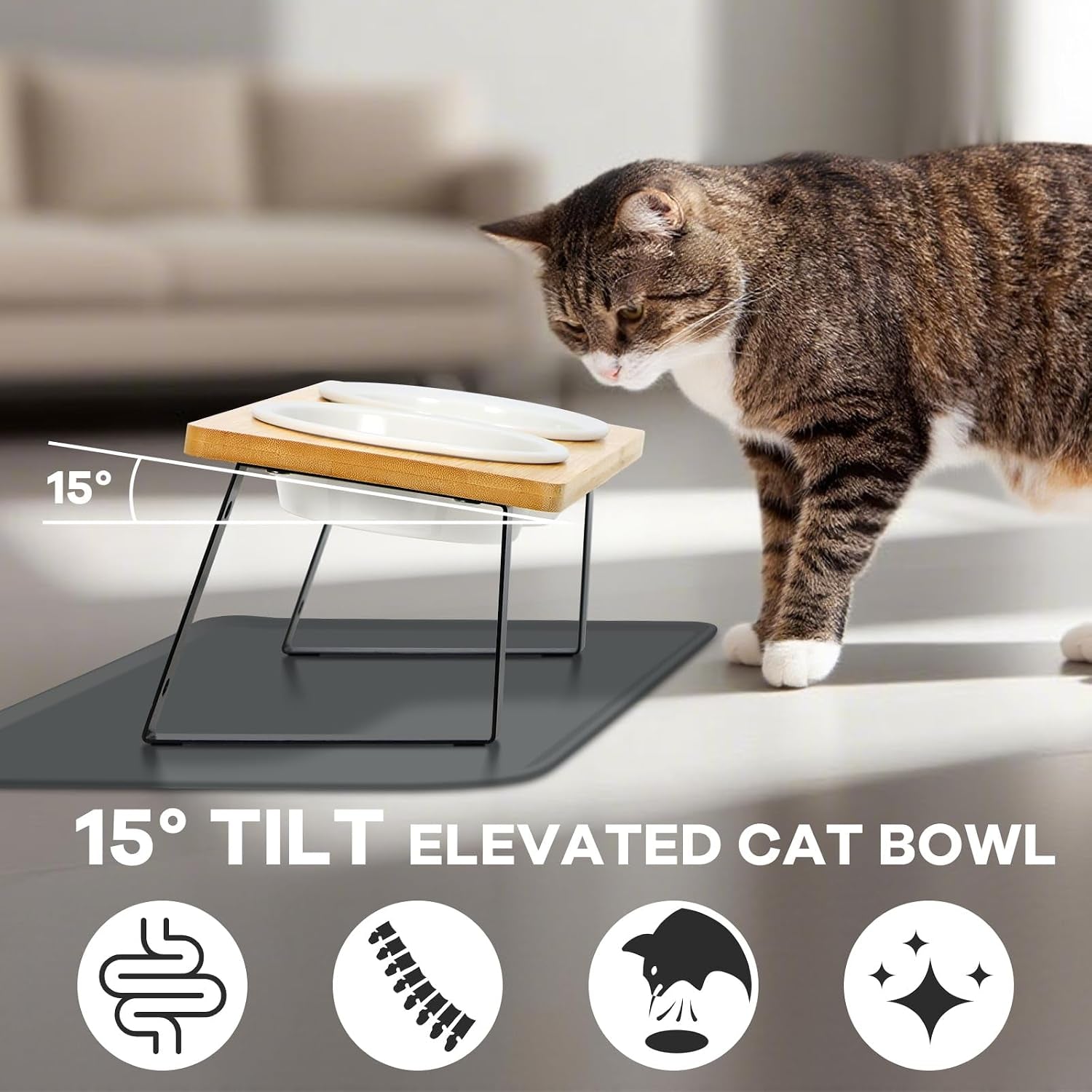 Upgraded Adjustable Height Cat Food Bowls Stand Ceramic Dog Bowls and Slow Feeder Cat Bowl, 15°Tilted Stand anti Vomiting Raised for Small and Medium Sized Cats Dogs (White)