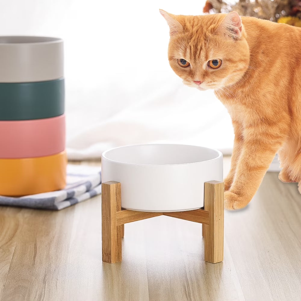 Lionwei Elevated Ceramic Cat & Dog Bowl with Non-Slip Wooden Stand for Pets, Solid