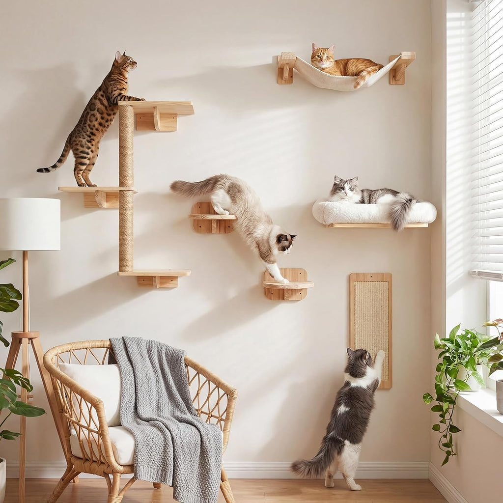6-In-1 Cat Wall Shelves for Large Cats, Wall Mounted Climber with Hammock | Wall-Mounted Cat Activity Center with Hammock and Steps. Saves Space While Providing Climbing, Scratching and Resting Areas