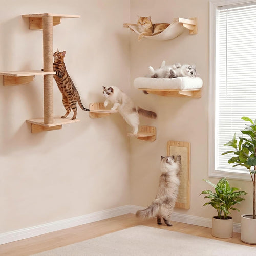 6-In-1 Cat Wall Shelves for Large Cats, Wall Mounted Climber with Hammock | Wall-Mounted Cat Activity Center with Hammock and Steps. Saves Space While Providing Climbing, Scratching and Resting Areas