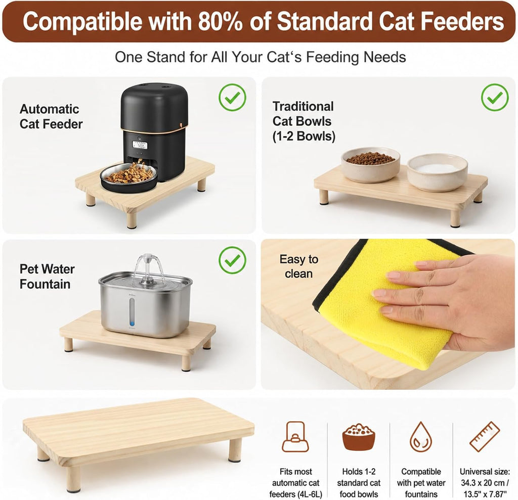 Wooden Elevated Cat Food Stand for Pet Automatic Feeder and Water Dispenser, Raised Pet Feeding Table Can Raises Feeder Bowl by 2.36 Inch, Relieves Spine and Joints on Pets(Wood Color)
