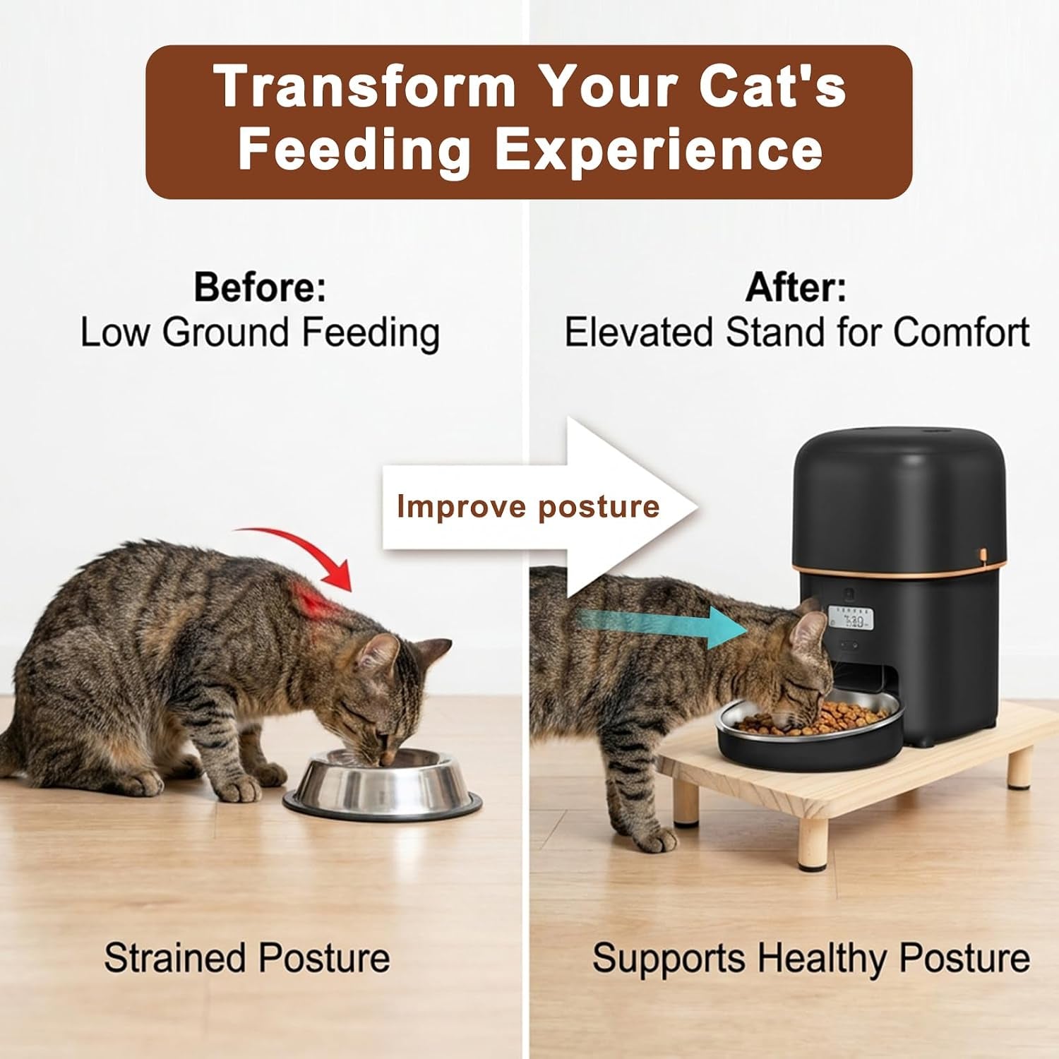 Wooden Elevated Cat Food Stand for Pet Automatic Feeder and Water Dispenser, Raised Pet Feeding Table Can Raises Feeder Bowl by 2.36 Inch, Relieves Spine and Joints on Pets(Wood Color)