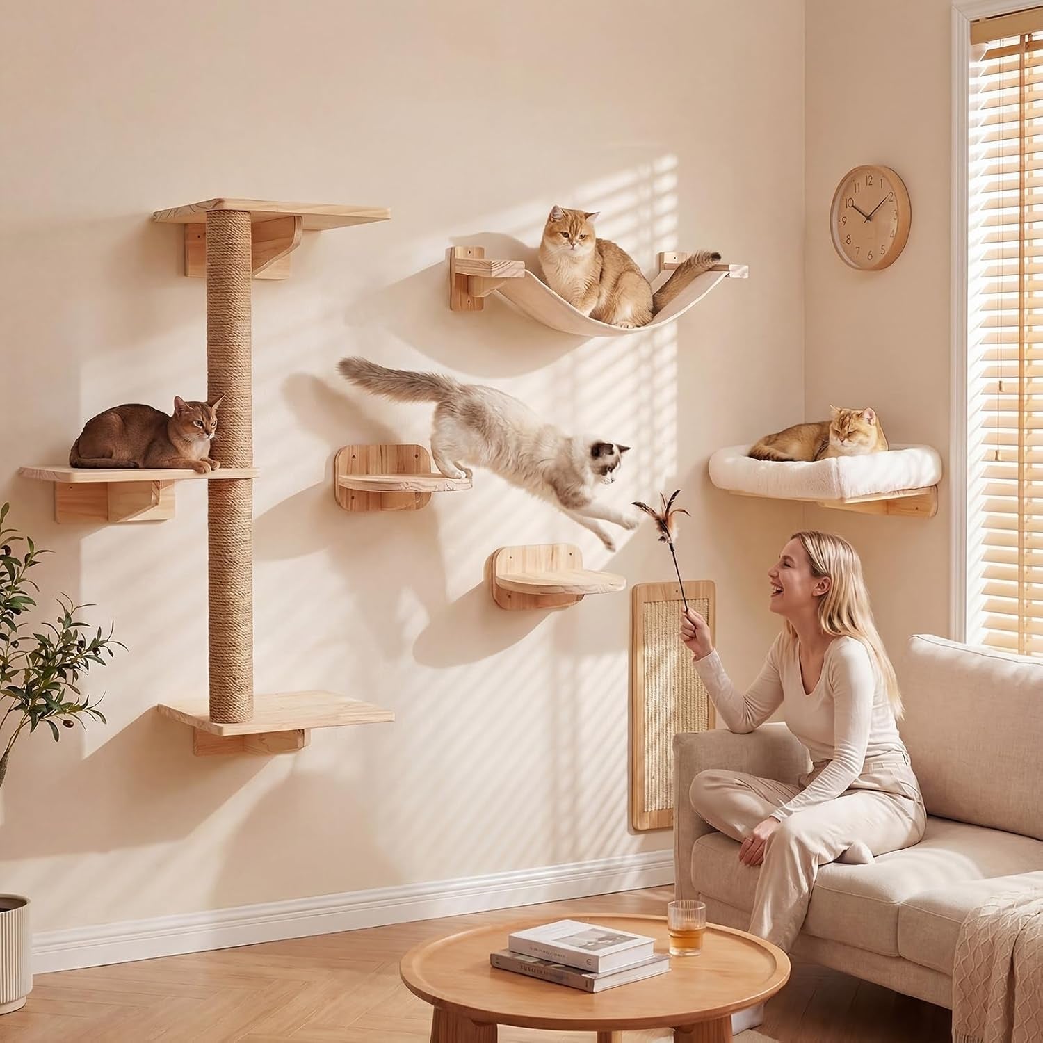 6-In-1 Cat Wall Shelves for Large Cats, Wall Mounted Climber with Hammock | Wall-Mounted Cat Activity Center with Hammock and Steps. Saves Space While Providing Climbing, Scratching and Resting Areas