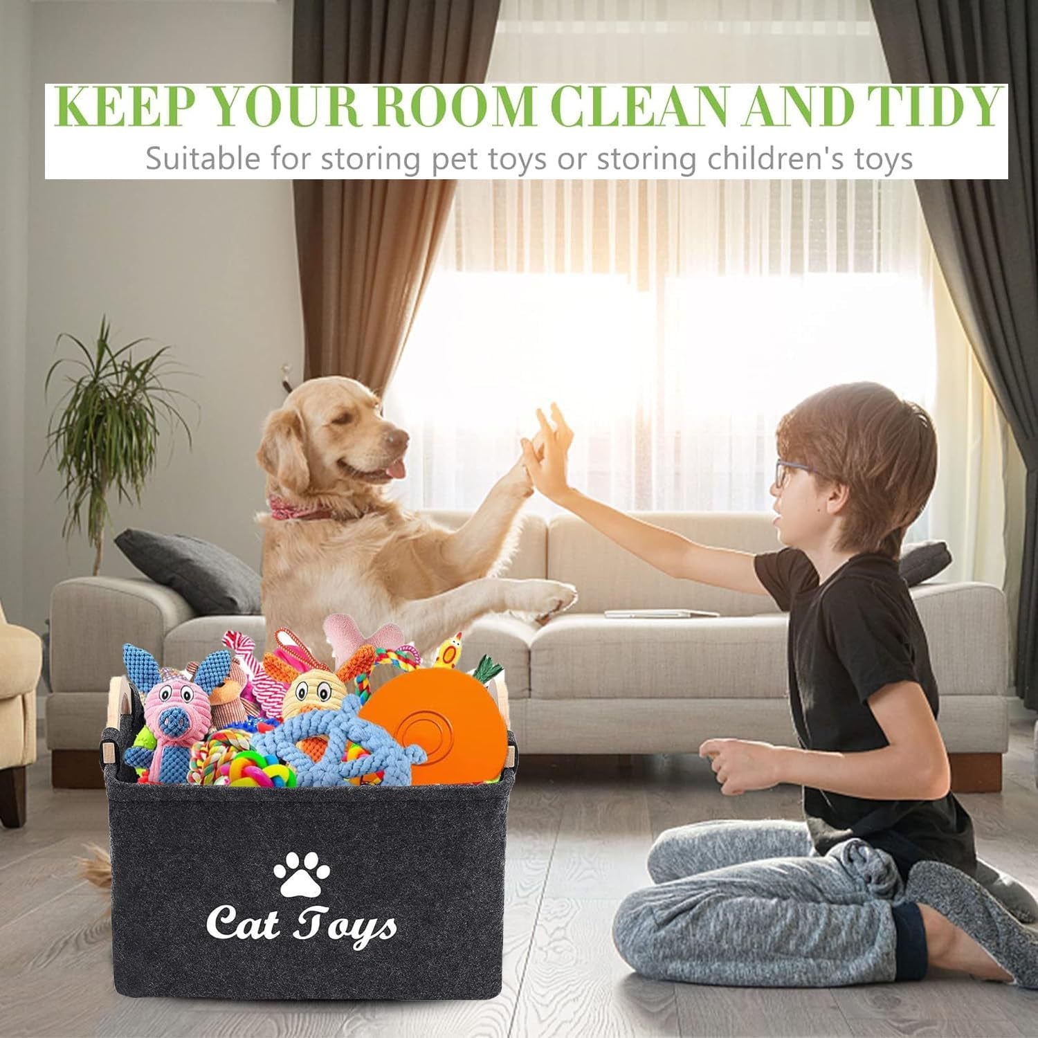 Felt Pet Toy Box Collapsible Pet Supplies Storage Basket Cat Toy Box Storage Basket Chest Organizer，Fabric Storage Bin for Organizing Pet Toys, Blankets, Leashes, and Food Grey Pet Toy Box