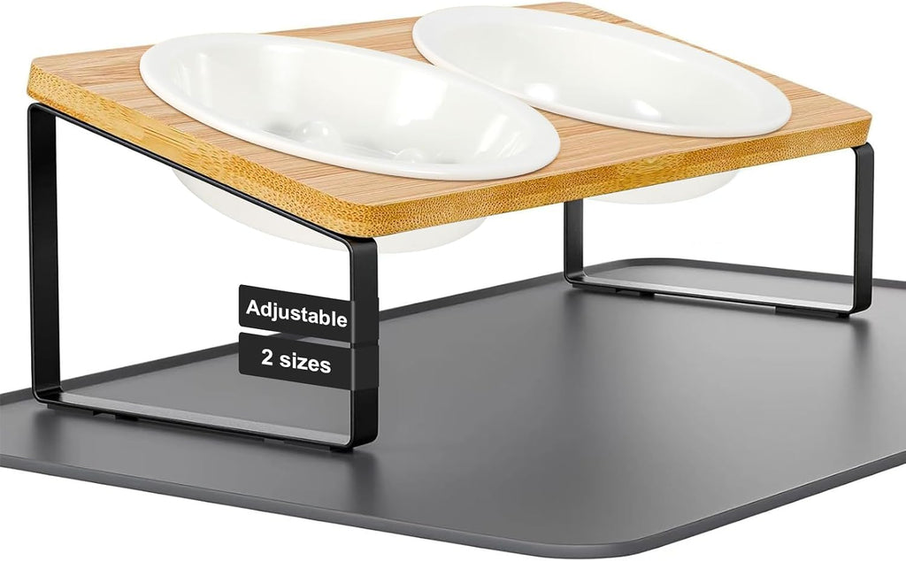 Upgraded Adjustable Height Cat Food Bowls Stand Ceramic Dog Bowls and Slow Feeder Cat Bowl, 15°Tilted Stand anti Vomiting Raised for Small and Medium Sized Cats Dogs (White)