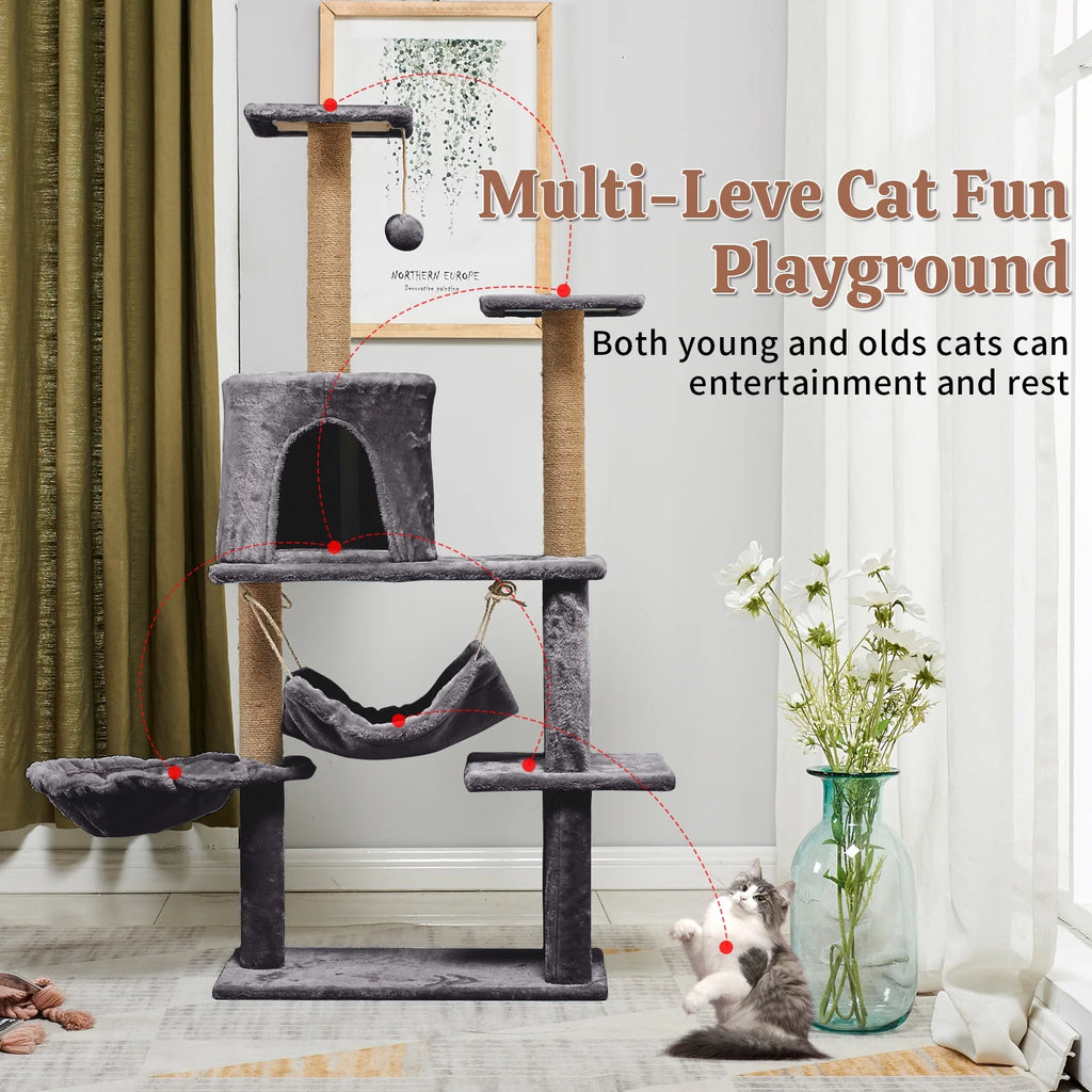 52In Cat Tree Multilevel Cat Tower with Condo and Hommock for Indoor,Gray