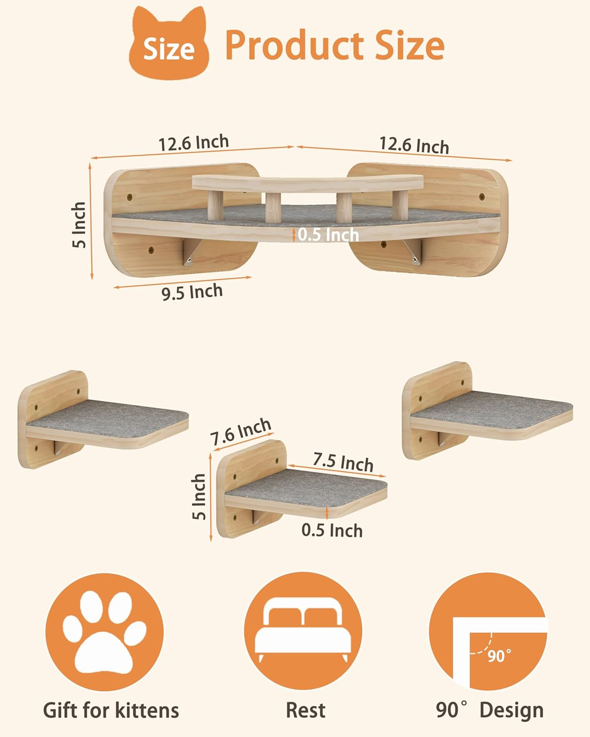 Cat Wall Furniture Corner Climbing Shelf Perches, Cat Bed Wall Mounted with 3 Wide Steps,Modern Floating Stairs for Wall Indoor Cats up to 22 Lbs for Cats - Wood Color