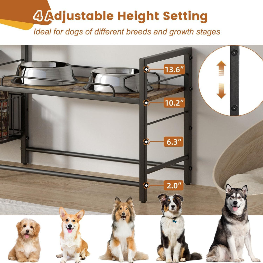 Elevated Dog Bowl Stand with Toy Bin Adjustable Raised Feeding Station Organizer