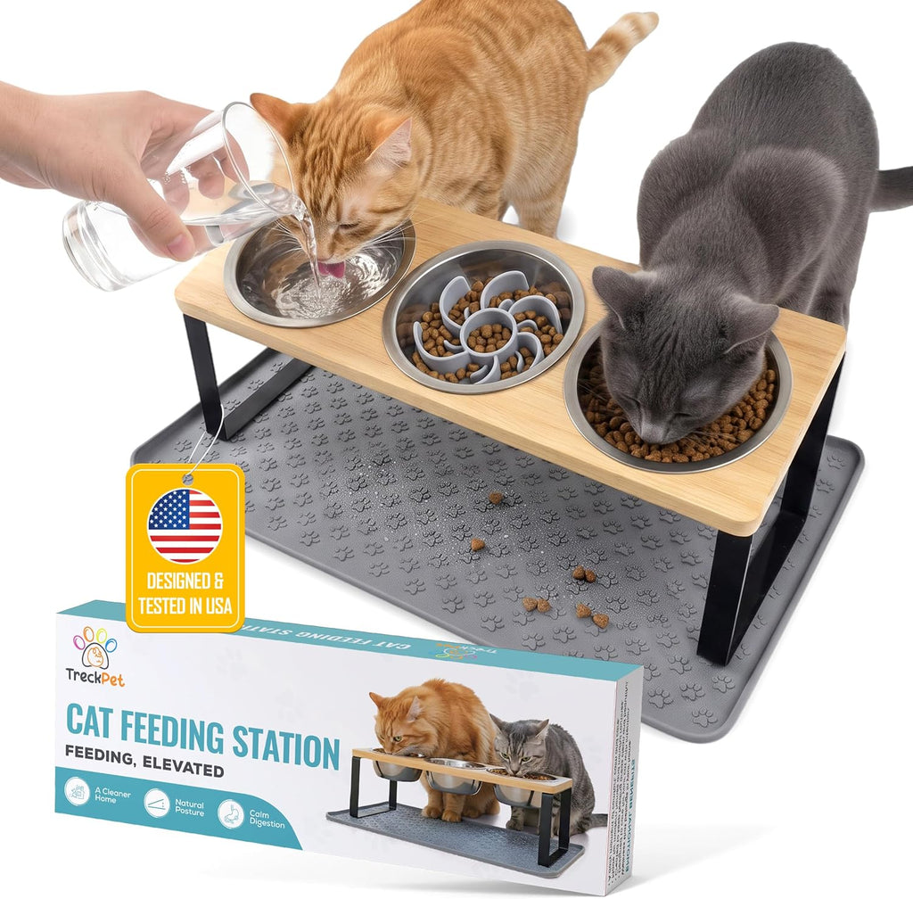Elevated Cat Food Bowls, 3 Bowl Elevated Cat Feeding Station with Mat | Raised Cat Food Bowls anti Vomiting,15° Tilted Cat Food Bowls & Elevated Slow Feeder Cat Bowls for Healthier Meals