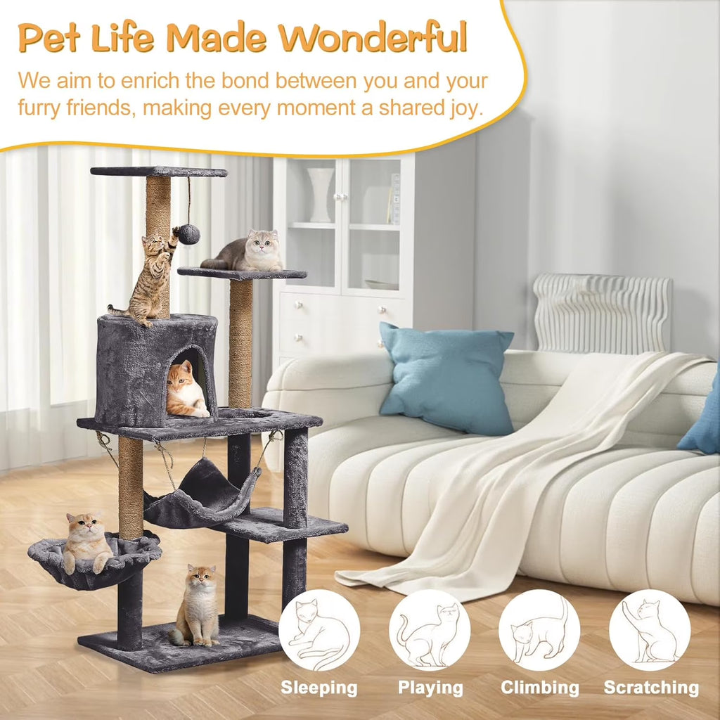 52In Cat Tree Multilevel Cat Tower with Condo and Hommock for Indoor,Gray