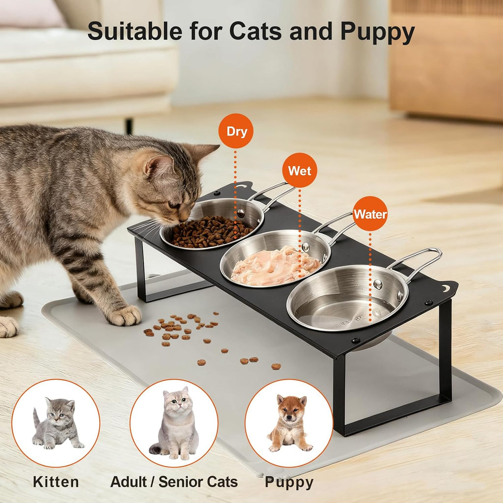 Elevated Cat Bowls with Food Mat, 10°Tilted Non-Slip Raised Cat Food Water Bowls Set, 3 Thick Stainless Steel Pets Dishes with Handles to Indoor Kitten Puppy, Anti-Vomiting Cute Metal Feeding Stand