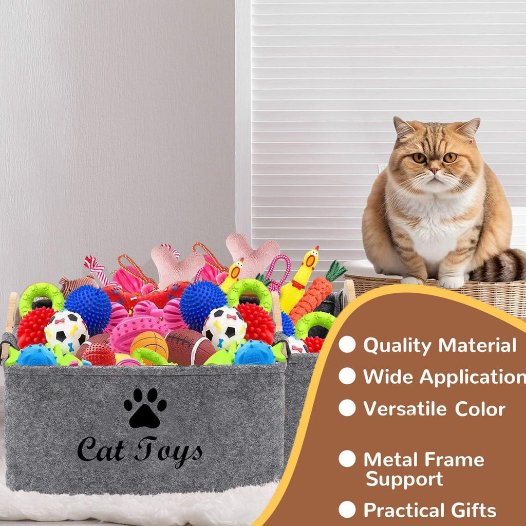 Felt Pet Toy Box Collapsible Pet Supplies Storage Basket Cat Toy Box Storage Basket Chest Organizer，Fabric Storage Bin for Organizing Pet Toys, Blankets, Leashes, and Food Grey Pet Toy Box