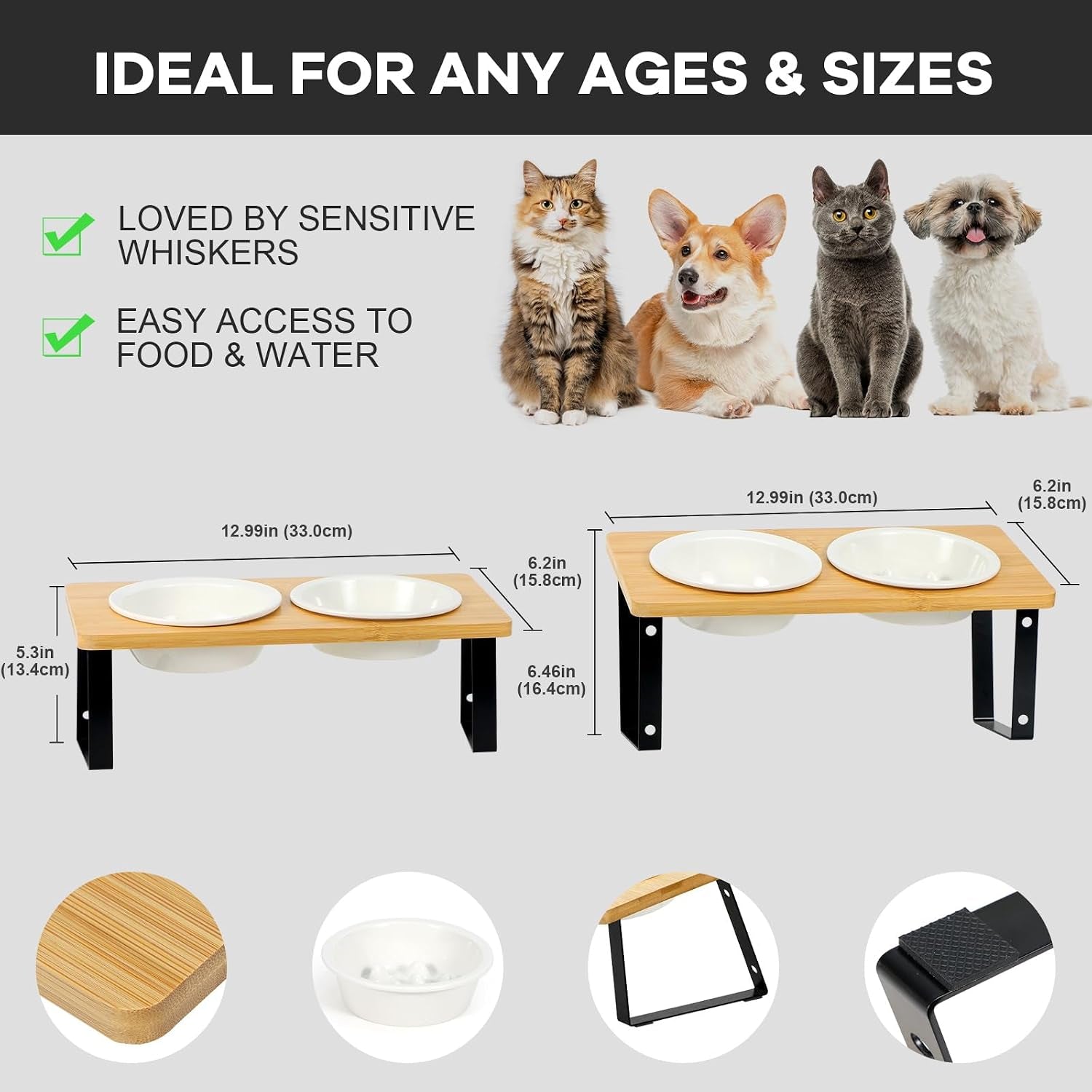 Upgraded Adjustable Height Cat Food Bowls Stand Ceramic Dog Bowls and Slow Feeder Cat Bowl, 15°Tilted Stand anti Vomiting Raised for Small and Medium Sized Cats Dogs (White)