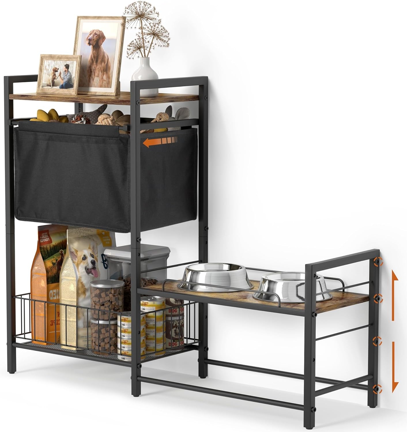 Elevated Dog Bowl Stand with Toy Bin Adjustable Raised Feeding Station Organizer