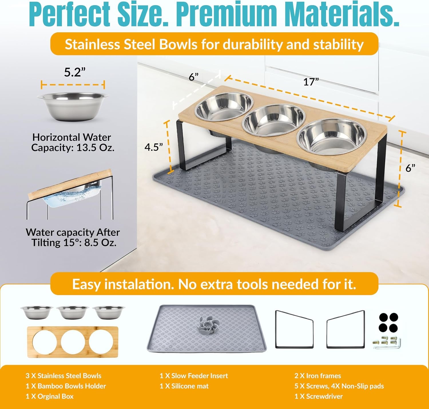 Elevated Cat Food Bowls, 3 Bowl Elevated Cat Feeding Station with Mat | Raised Cat Food Bowls anti Vomiting,15° Tilted Cat Food Bowls & Elevated Slow Feeder Cat Bowls for Healthier Meals