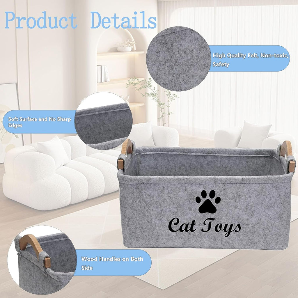 Felt Pet Toy Box Collapsible Pet Supplies Storage Basket Cat Toy Box Storage Basket Chest Organizer，Fabric Storage Bin for Organizing Pet Toys, Blankets, Leashes, and Food Grey Pet Toy Box