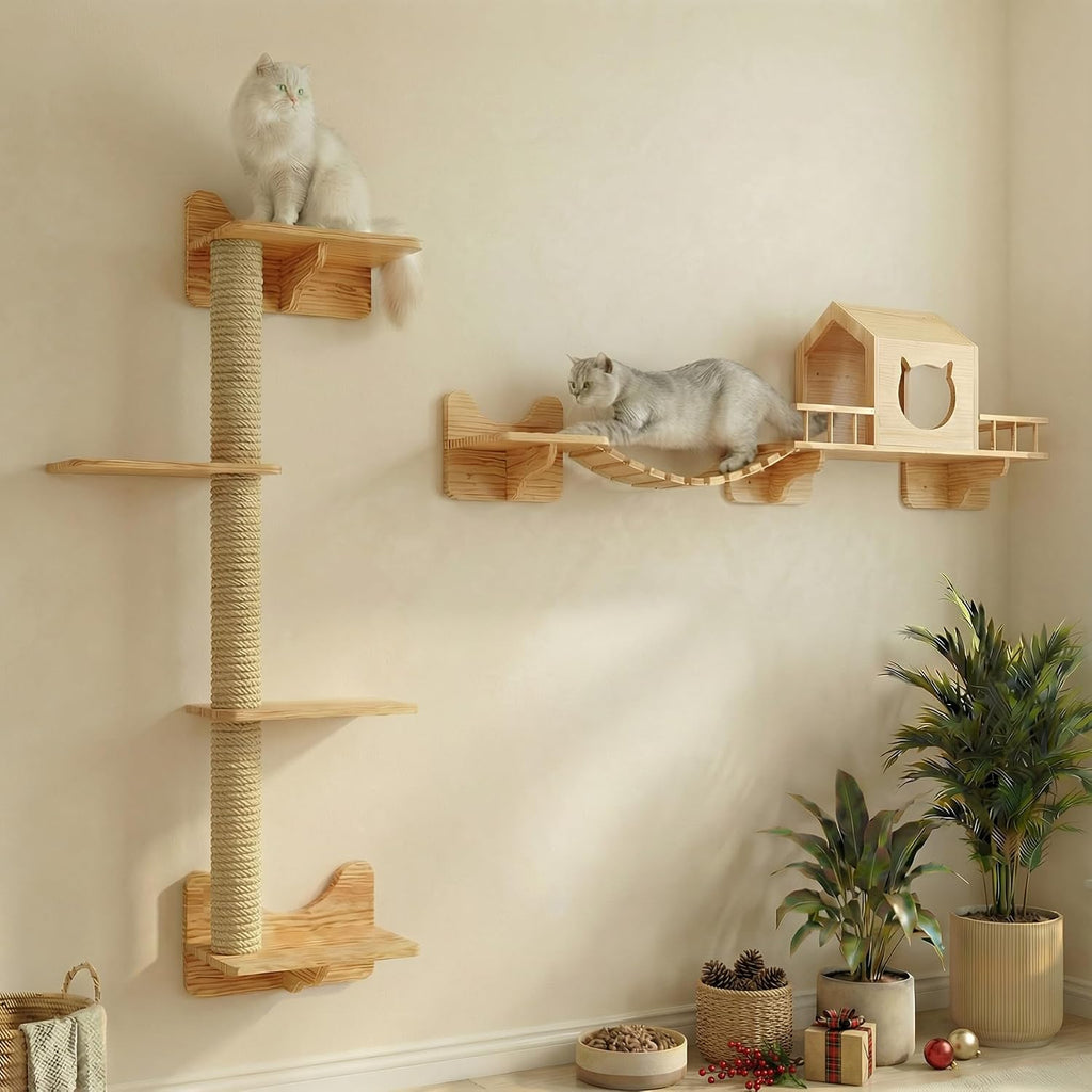 Cat Shelves for Wall – Cat Climbing Furniture Set for Large Cats with House, Bridge Ladder, 3 Scratching Posts & 5 Steps