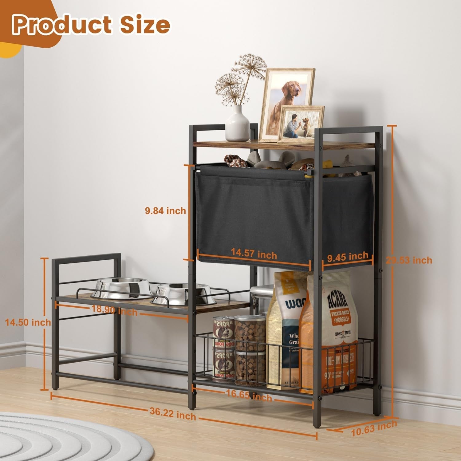 Elevated Dog Bowl Stand with Toy Bin Adjustable Raised Feeding Station Organizer