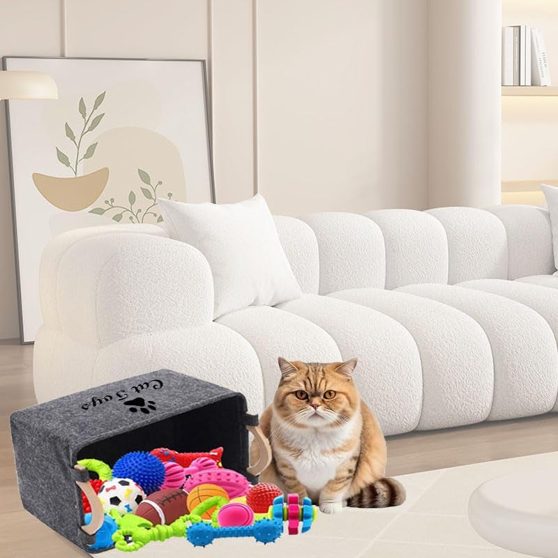 Felt Pet Toy Box Collapsible Pet Supplies Storage Basket Cat Toy Box Storage Basket Chest Organizer，Fabric Storage Bin for Organizing Pet Toys, Blankets, Leashes, and Food Grey Pet Toy Box