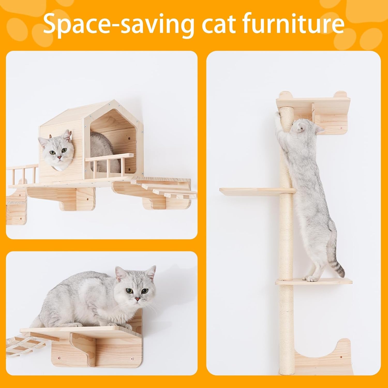 Cat Shelves for Wall – Cat Climbing Furniture Set for Large Cats with House, Bridge Ladder, 3 Scratching Posts & 5 Steps