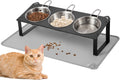 Elevated Cat Bowls with Food Mat, 10°Tilted Non-Slip Raised Cat Food Water Bowls Set, 3 Thick Stainless Steel Pets Dishes with Handles to Indoor Kitten Puppy, Anti-Vomiting Cute Metal Feeding Stand