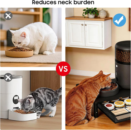 W‌SOWX Adjustable Automatic Cat Feeder Stand, Elevated Cat Food Stand,Black | with Drawer and Cat Food Mat,Raises Feeder/Bowls by 4.1"/4.9"/5.7",Relieves Spine and Joints Noticeably on Pets-Sturdy Metal
