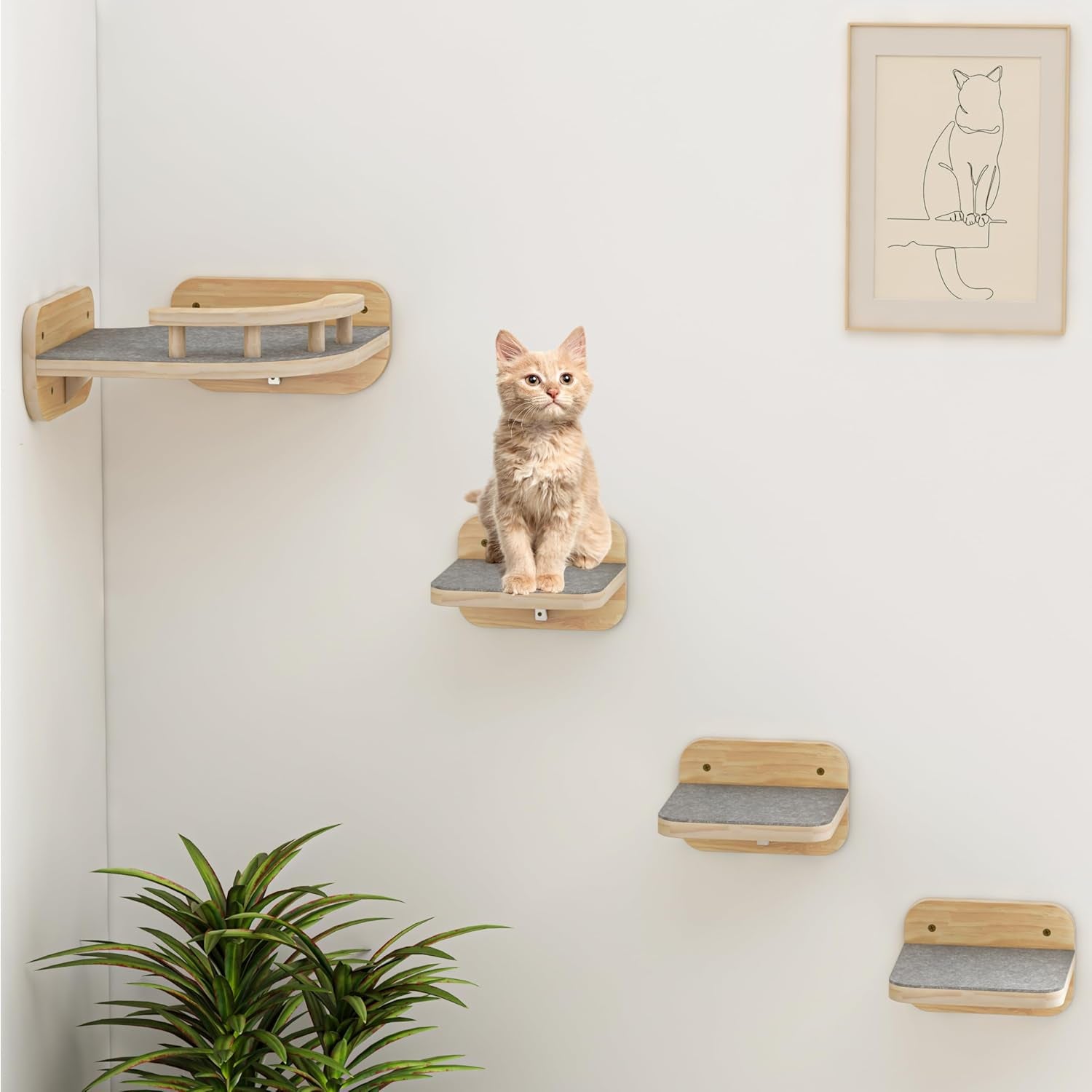 Cat Wall Furniture Corner Climbing Shelf Perches, Cat Bed Wall Mounted with 3 Wide Steps,Modern Floating Stairs for Wall Indoor Cats up to 22 Lbs for Cats - Wood Color