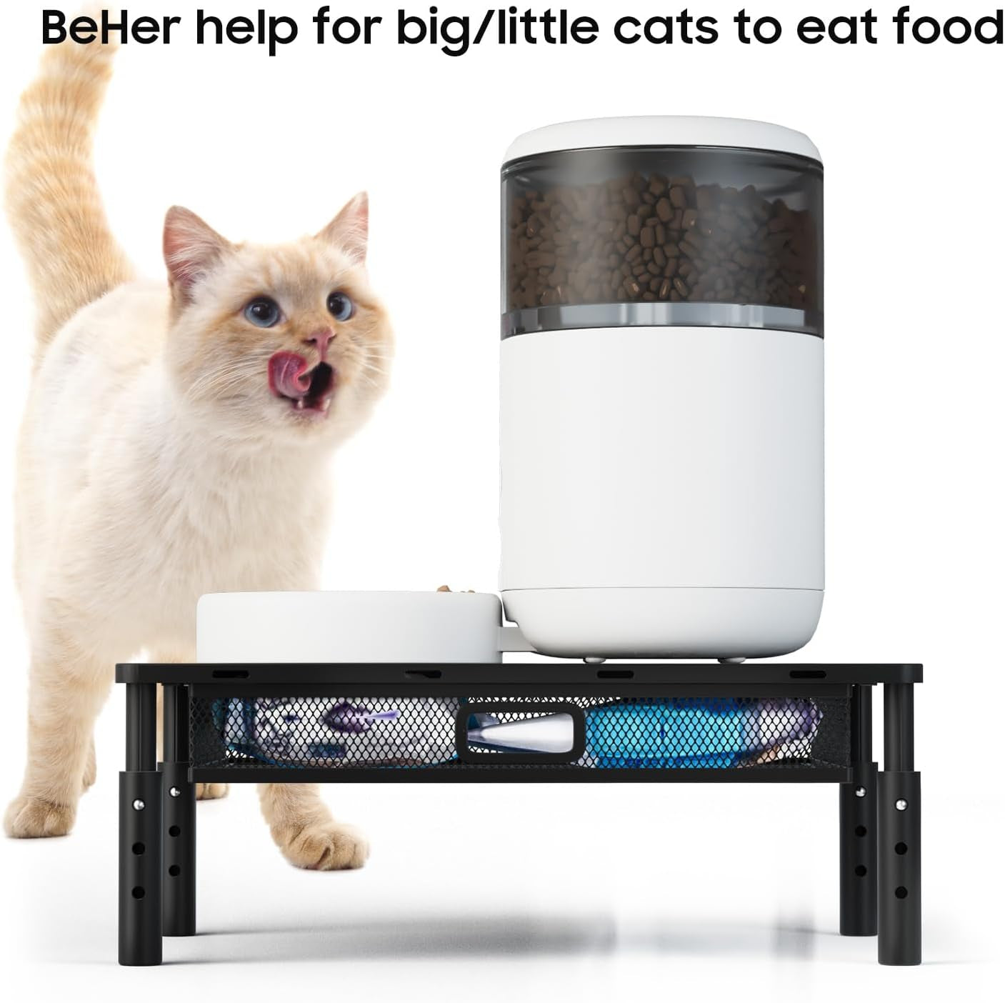 W‌SOWX Adjustable Automatic Cat Feeder Stand, Elevated Cat Food Stand,Black | with Drawer and Cat Food Mat,Raises Feeder/Bowls by 4.1"/4.9"/5.7",Relieves Spine and Joints Noticeably on Pets-Sturdy Metal