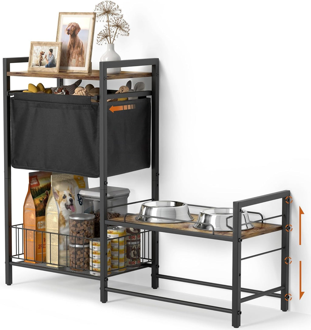 Elevated Dog Bowl Stand with Toy Bin Adjustable Raised Feeding Station Organizer