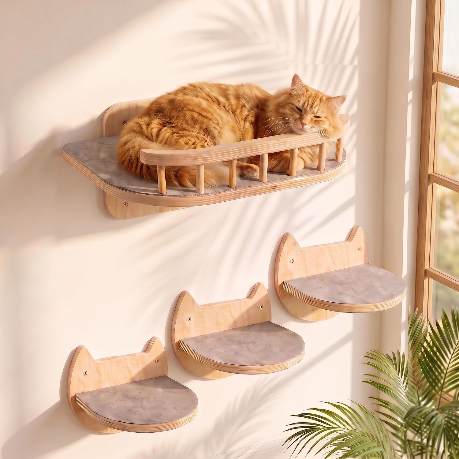 Cat Wall Shelves, Floating Bed with 3 Cat Wall Steps - Natural | Pre-Drilled Anchor Kit for Easy Mount, Cozy Spot for Climbing & Play, Indoor Cats up to 18 Lbs, Sustainable FSC Birch Wood