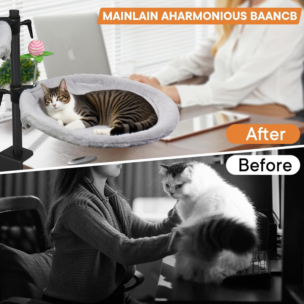 Double Cat Desk Bed, 360° Rotating & Adjustable Desk Mount with Soft Faux Fur & Breathable Mesh Accessories, Ergonomic Cat Perch for Remote Workers,Gamers, and Office Staff - Supports up to 44 Lbs