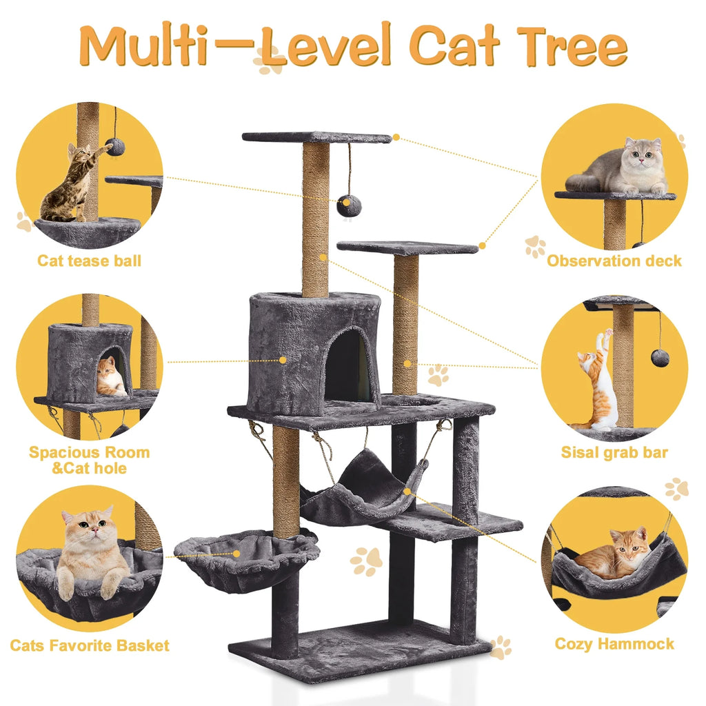 52In Cat Tree Multilevel Cat Tower with Condo and Hommock for Indoor,Gray