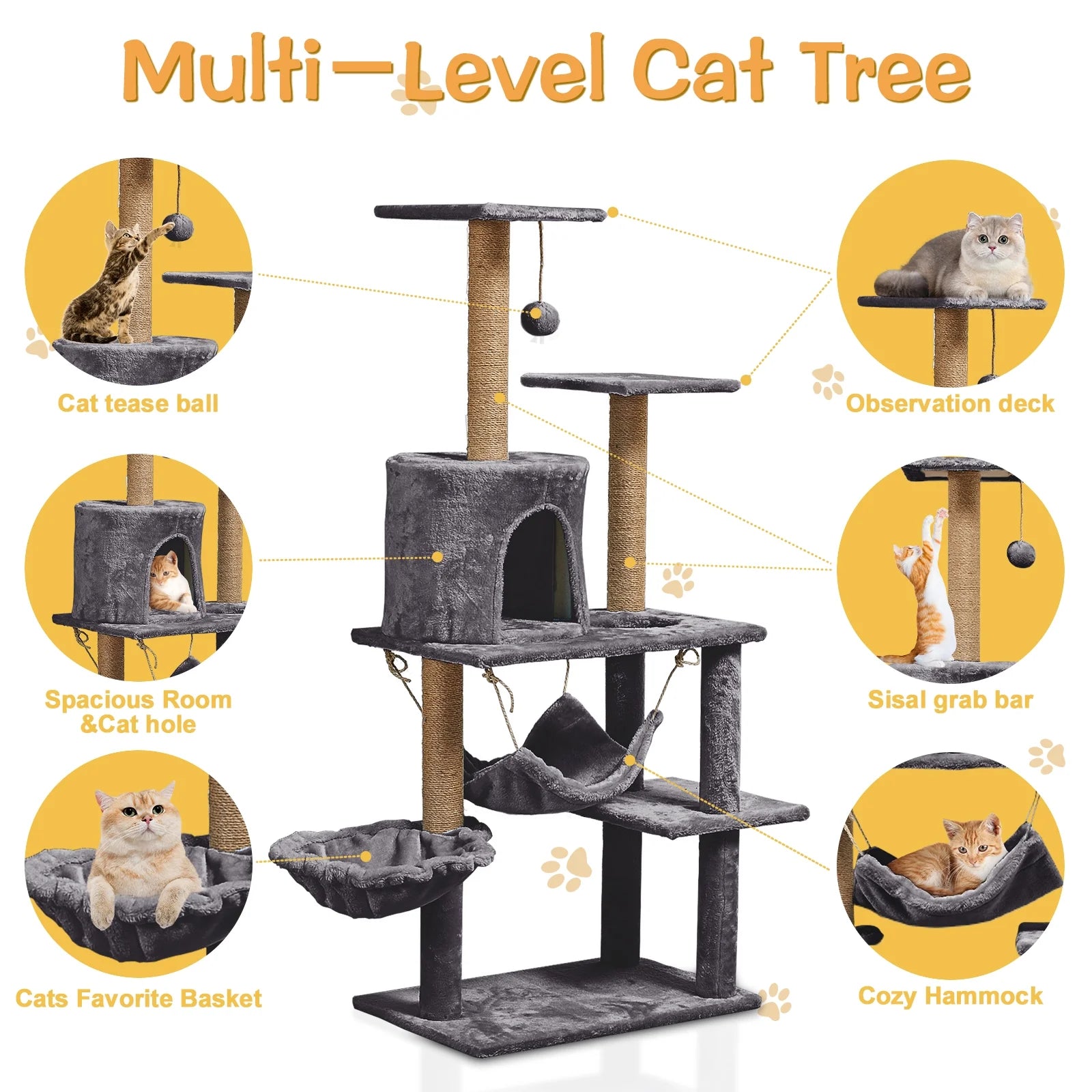 52In Cat Tree Multilevel Cat Tower with Condo and Hommock for Indoor,Gray