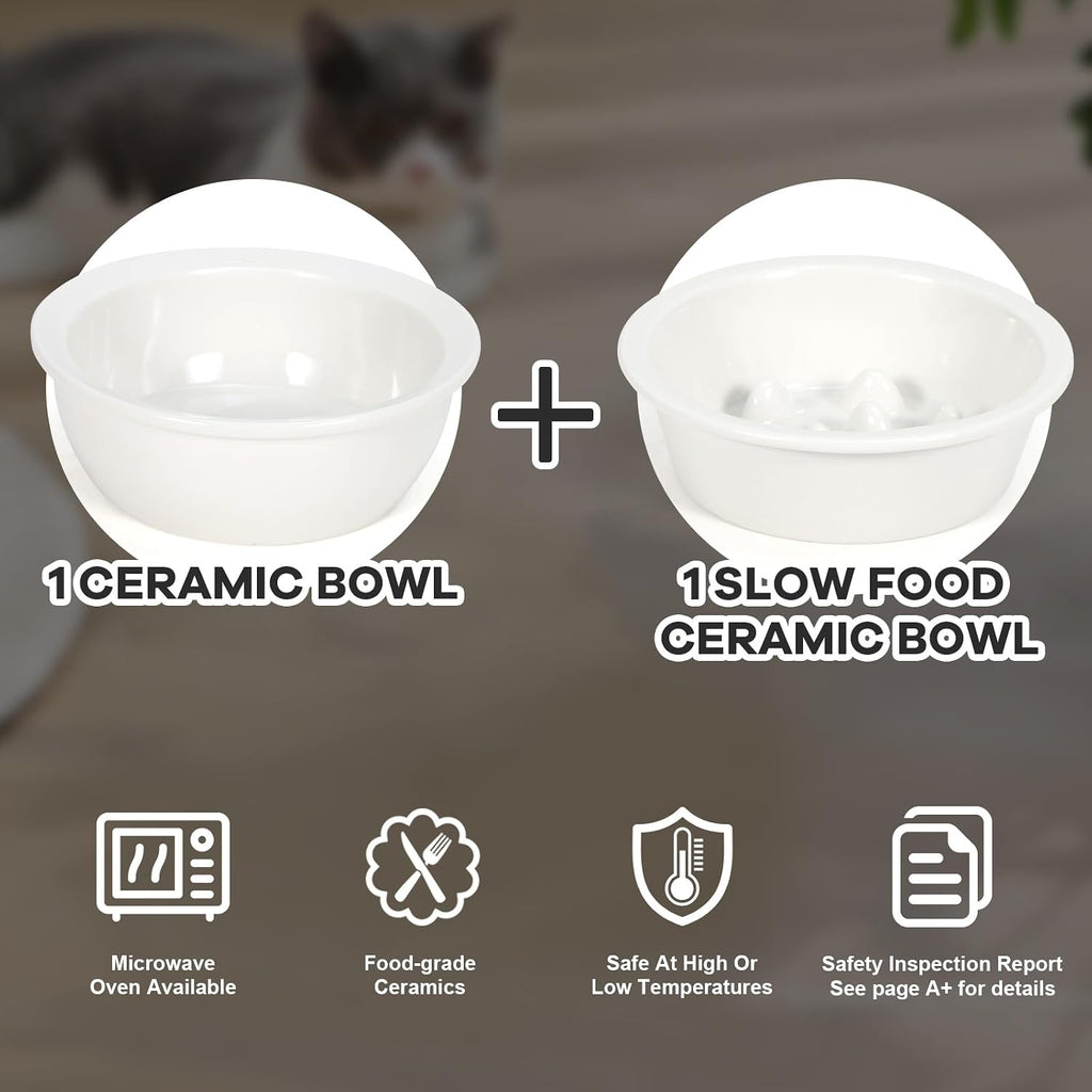 Upgraded Adjustable Height Cat Food Bowls Stand Ceramic Dog Bowls and Slow Feeder Cat Bowl, 15°Tilted Stand anti Vomiting Raised for Small and Medium Sized Cats Dogs (White)