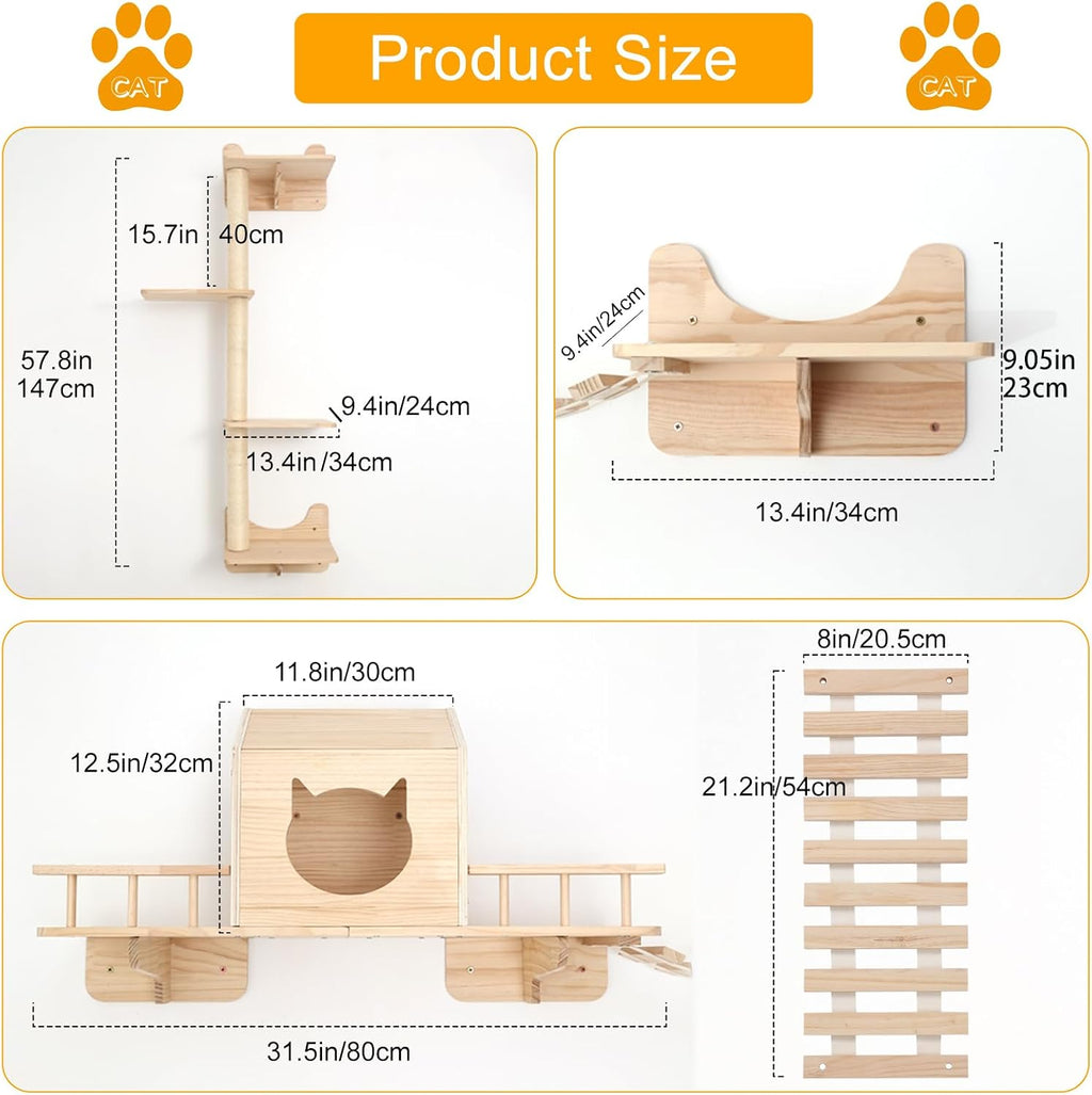 Cat Shelves for Wall – Cat Climbing Furniture Set for Large Cats with House, Bridge Ladder, 3 Scratching Posts & 5 Steps