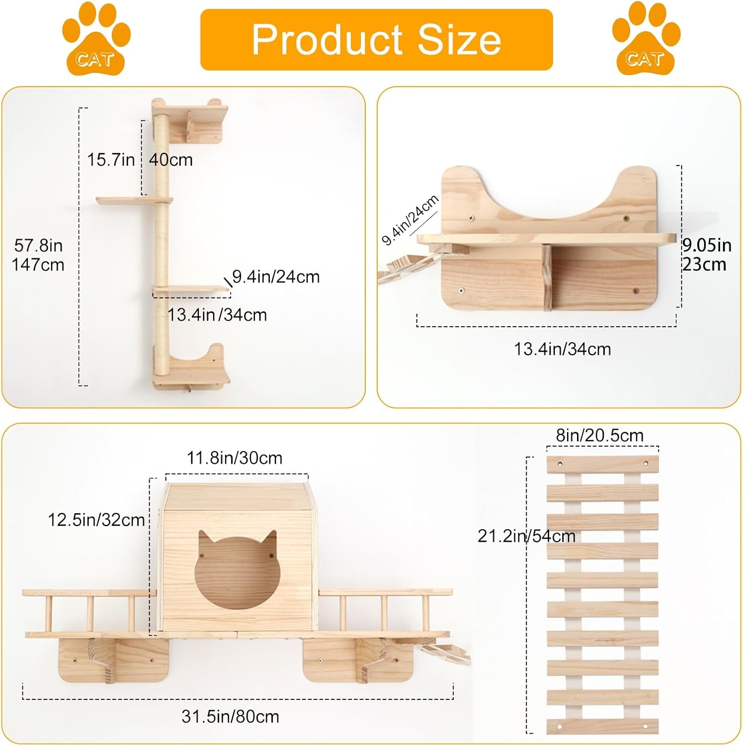 Cat Shelves for Wall – Cat Climbing Furniture Set for Large Cats with House, Bridge Ladder, 3 Scratching Posts & 5 Steps