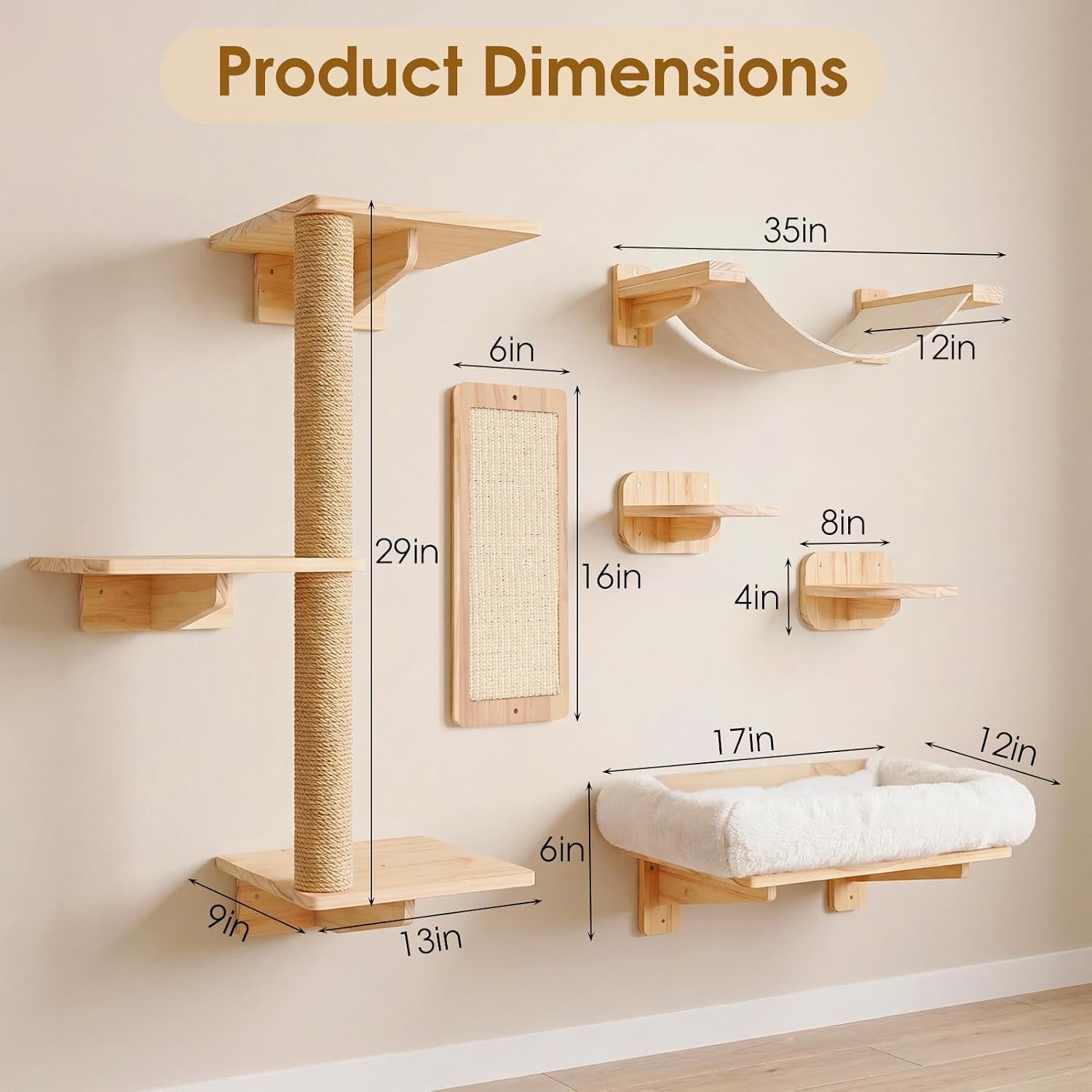 6-In-1 Cat Wall Shelves for Large Cats, Wall Mounted Climber with Hammock | Wall-Mounted Cat Activity Center with Hammock and Steps. Saves Space While Providing Climbing, Scratching and Resting Areas