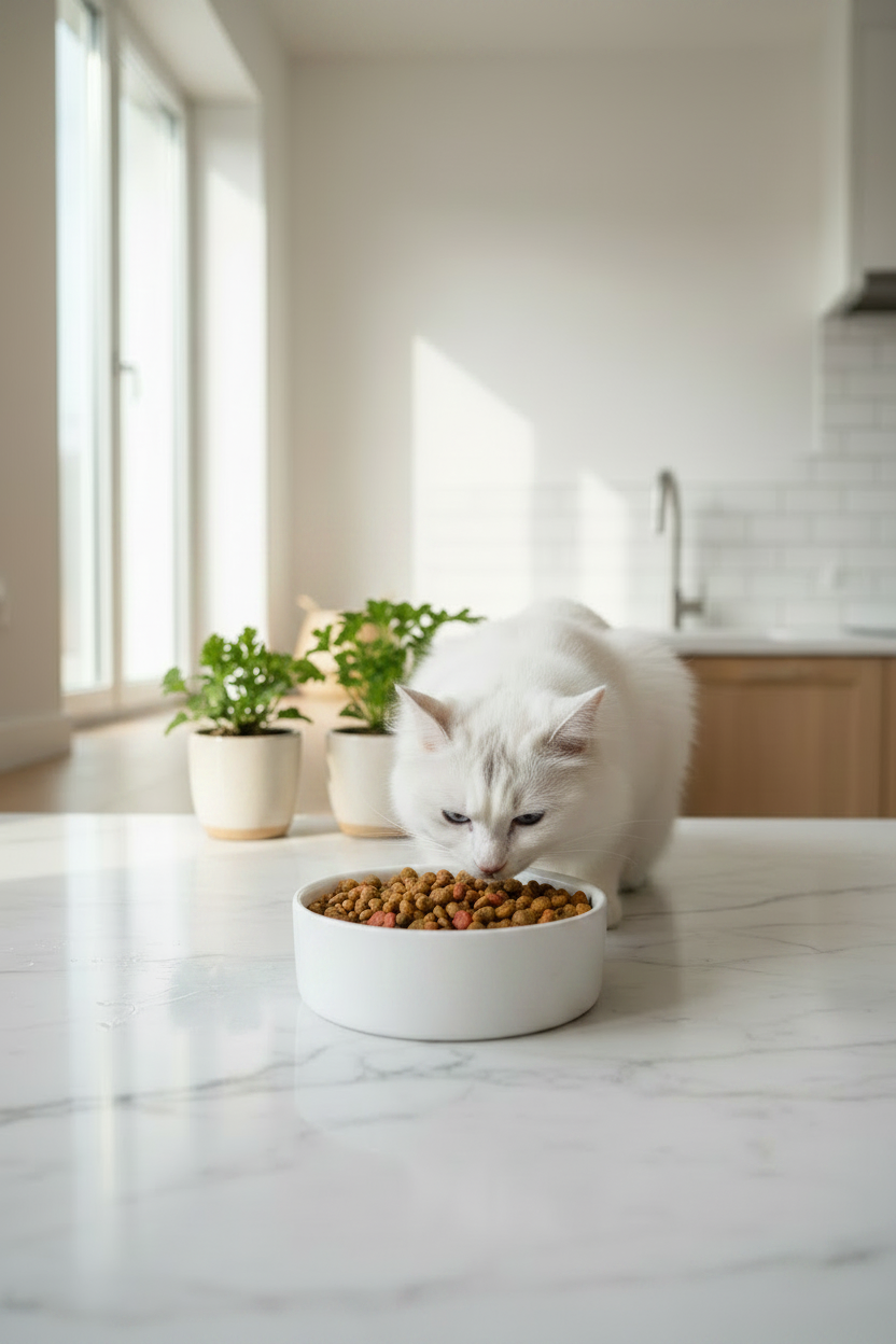 Cloud White Ceramic Pet Bowl with Food & Plants