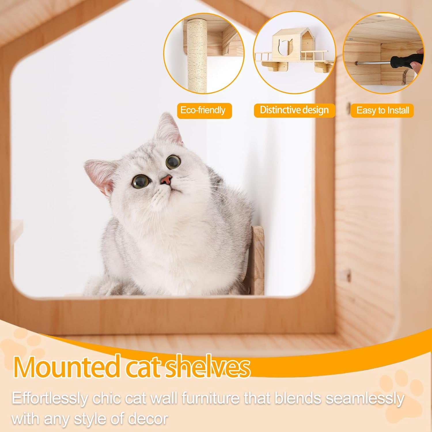 Cat Shelves for Wall – Cat Climbing Furniture Set for Large Cats with House, Bridge Ladder, 3 Scratching Posts & 5 Steps