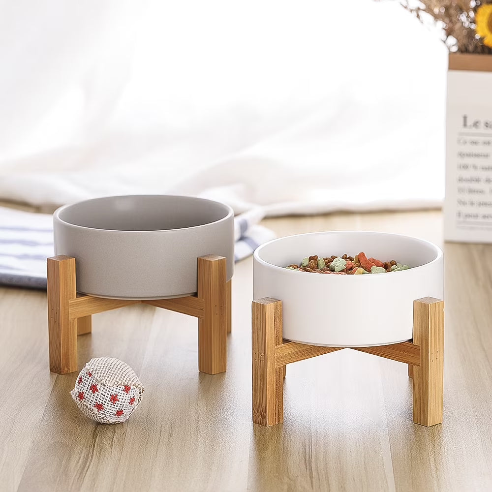 Lionwei Elevated Ceramic Cat & Dog Bowl with Non-Slip Wooden Stand for Pets, Solid
