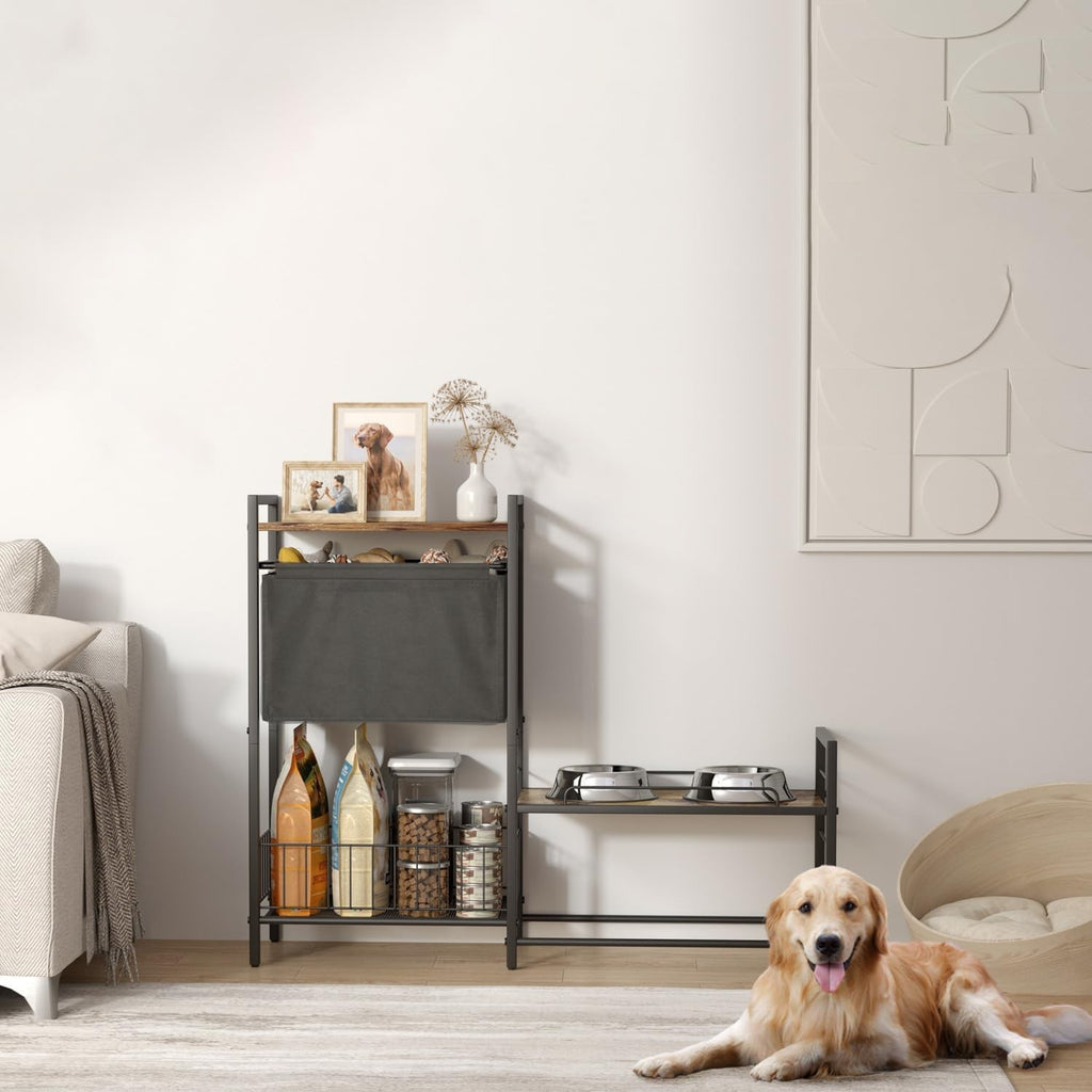 Elevated Dog Bowl Stand with Toy Bin Adjustable Raised Feeding Station Organizer