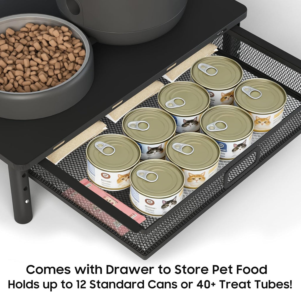 W‌SOWX Adjustable Automatic Cat Feeder Stand, Elevated Cat Food Stand,Black | with Drawer and Cat Food Mat,Raises Feeder/Bowls by 4.1"/4.9"/5.7",Relieves Spine and Joints Noticeably on Pets-Sturdy Metal